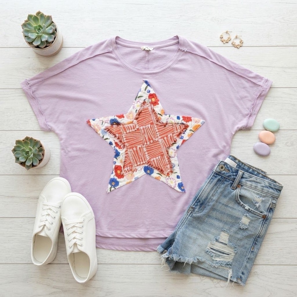 Easel Los Angeles Star Patch Floral Graphic Tee Pink Short Sleeve Top M